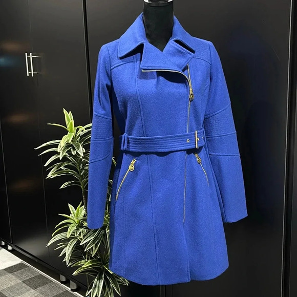 Michael Kors 80% Wool 39% polyester winter dress coatblue w/gold zippersbelted